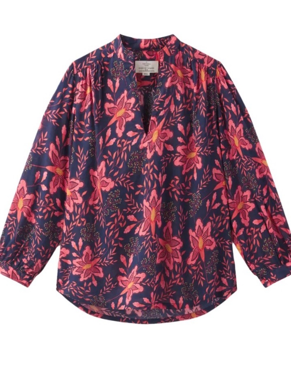 Trovata Birds of Paradis Bailey Pink Geranium Blouse in Navy 100% Cotton Size S